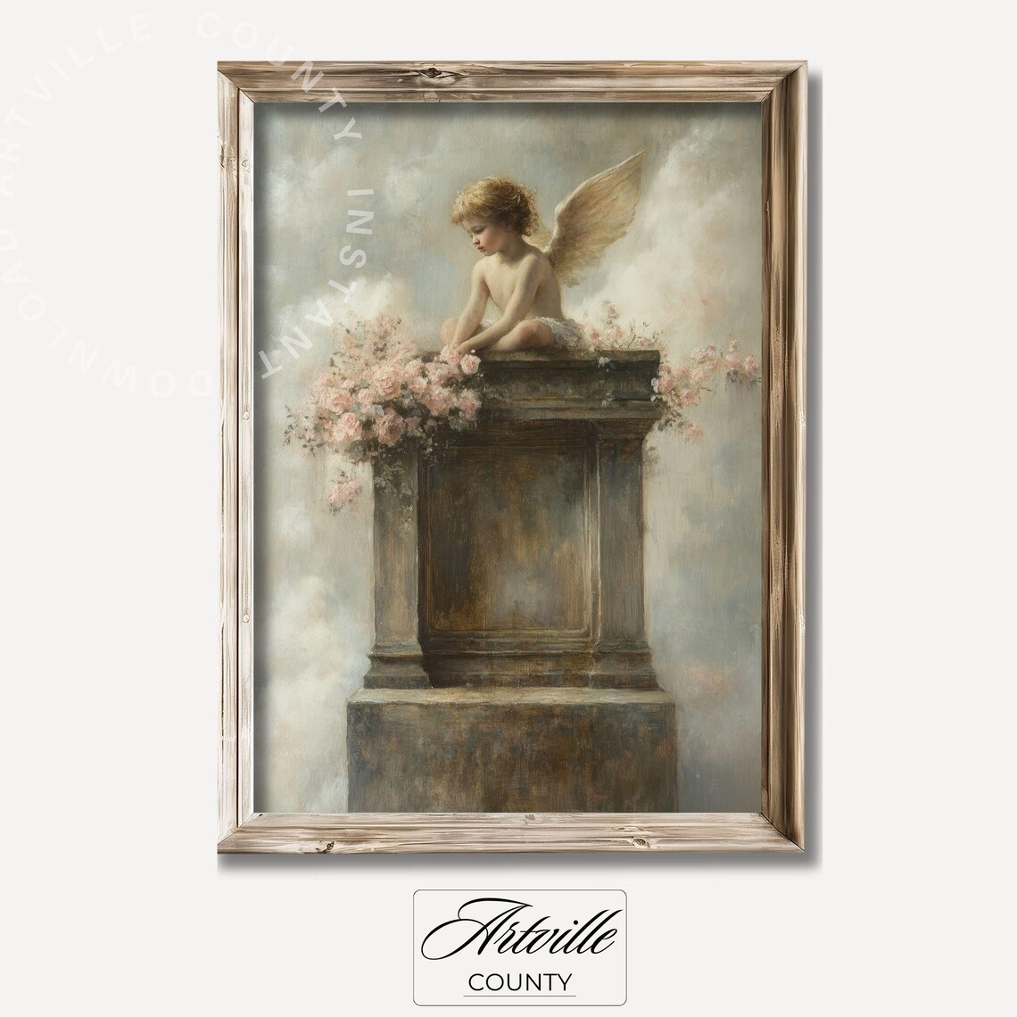 Cherub Angel Roses Stone Pedestal Classical Oil Painting Poster