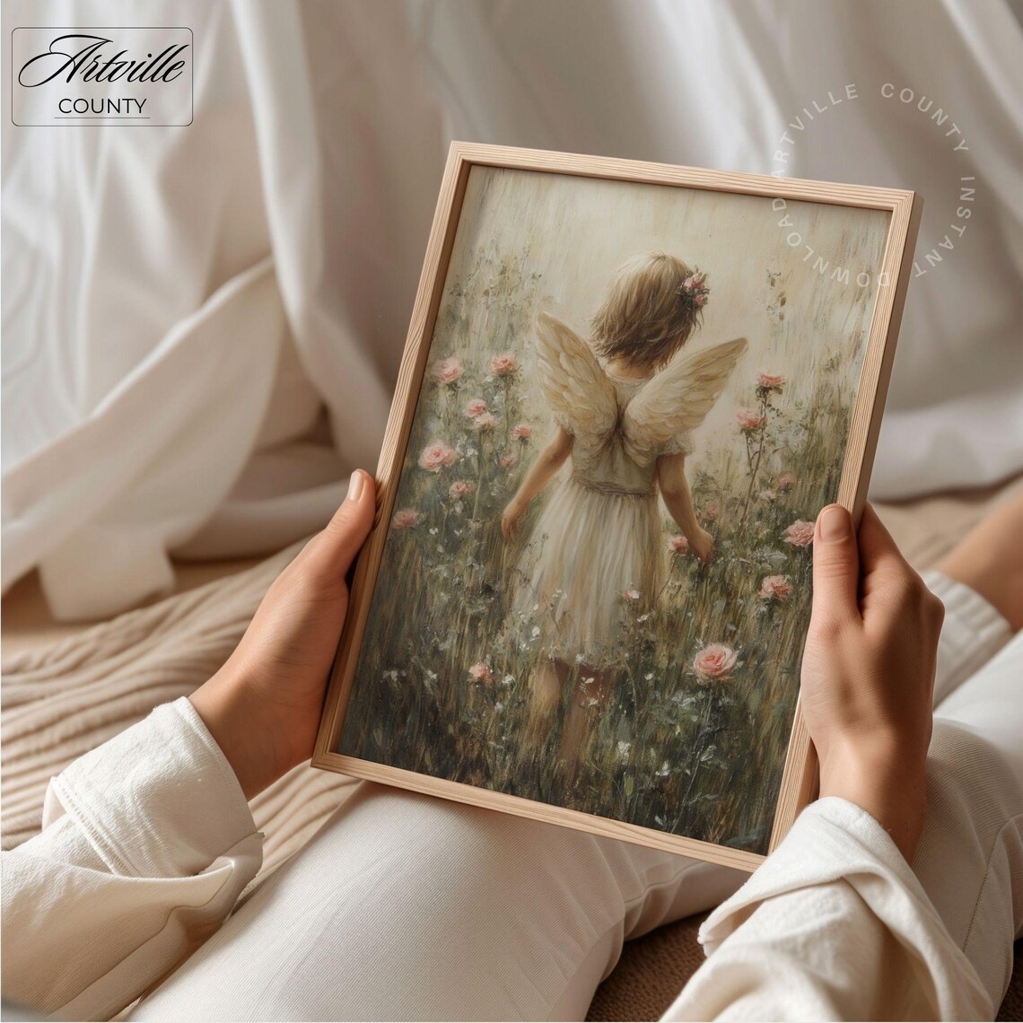 Baby Angel Print, Neutral Nursery Vintage Floral