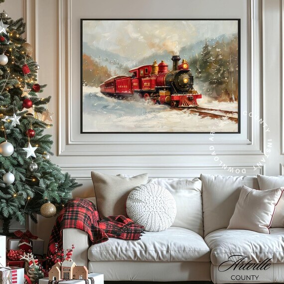 Vintage Red Steam Train in Snow Christmas Winter Oil Painting Poster