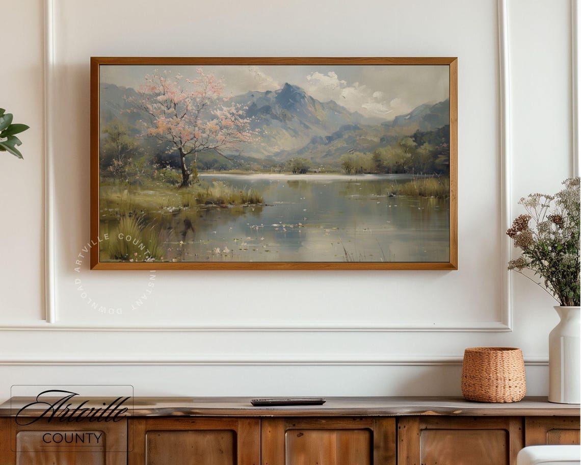 Cherry Blossom Tree by Mountain Lake Spring Landscape Poster - Image 5