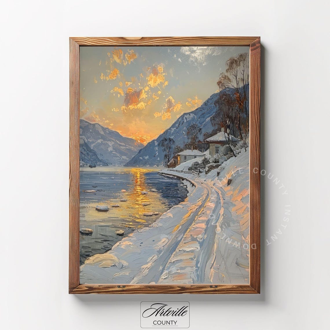 Snowy Mountain Lake Sunset Winter Shoreline Landscape Poster - Image 2