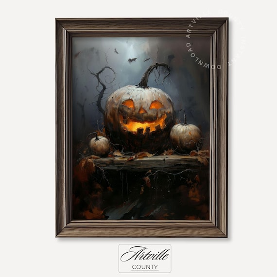 Glowing Jack O Lantern Bats Spooky Halloween Night Oil Painting Poster