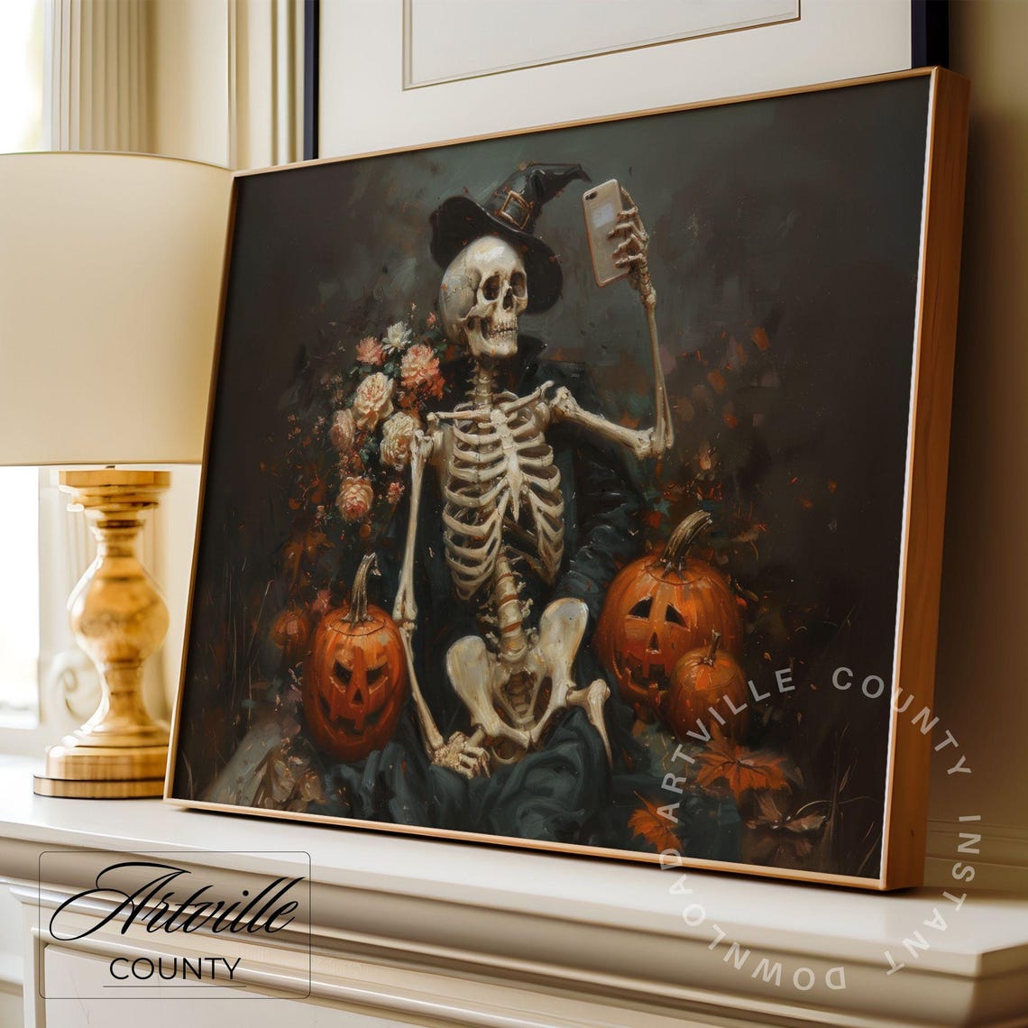 Skeleton in Witch Hat Selfie with Jack-o-Lanterns Gothic Poster - Image 3