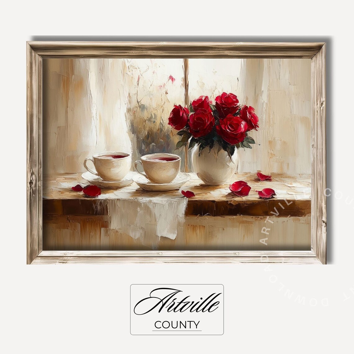 Roses And Teacup Vintage Painting Flower Wall Art Antique Rose Painting Farmhouse Still Life Beige Tone Print