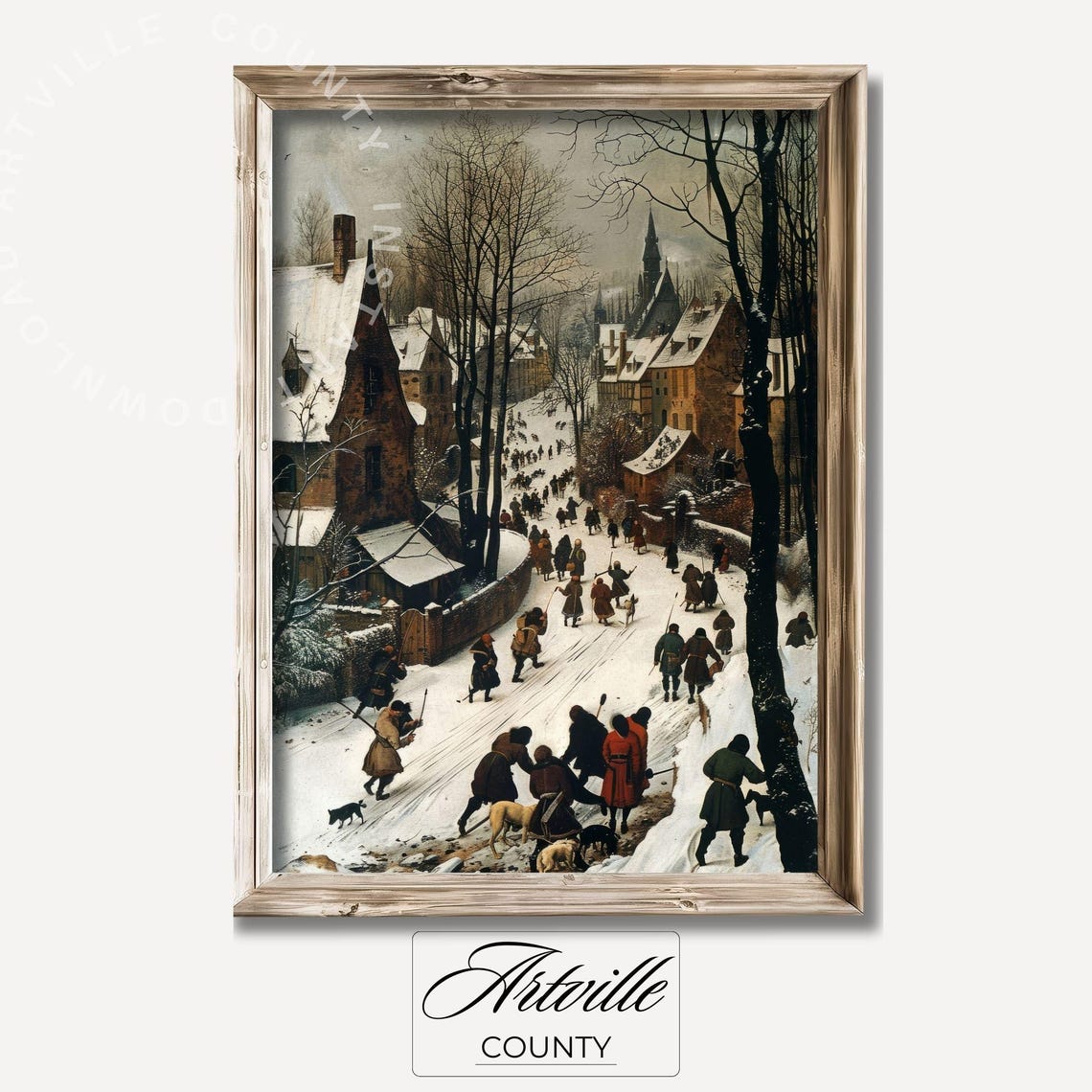 Vintage Winter Village Snowy Landscape Print With People And Dogs Traditional European Street Historical Wall Art