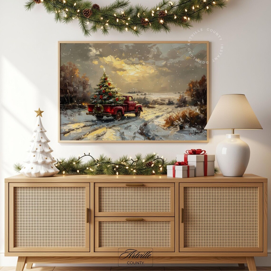 Red Vintage Pickup Truck with Christmas Tree Snowy Winter Poster