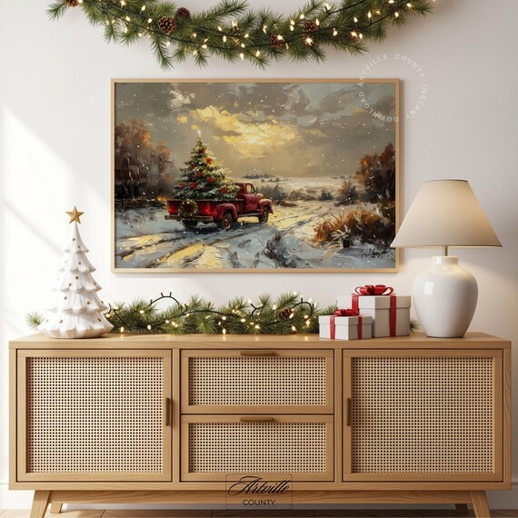 Red Vintage Pickup Truck with Christmas Tree Snowy Winter Poster