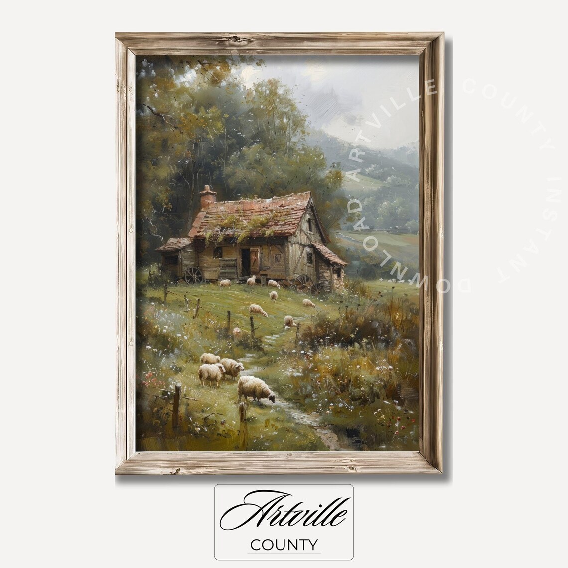 Vintage Cottage Landscape Sheep Grazing Field Art Print