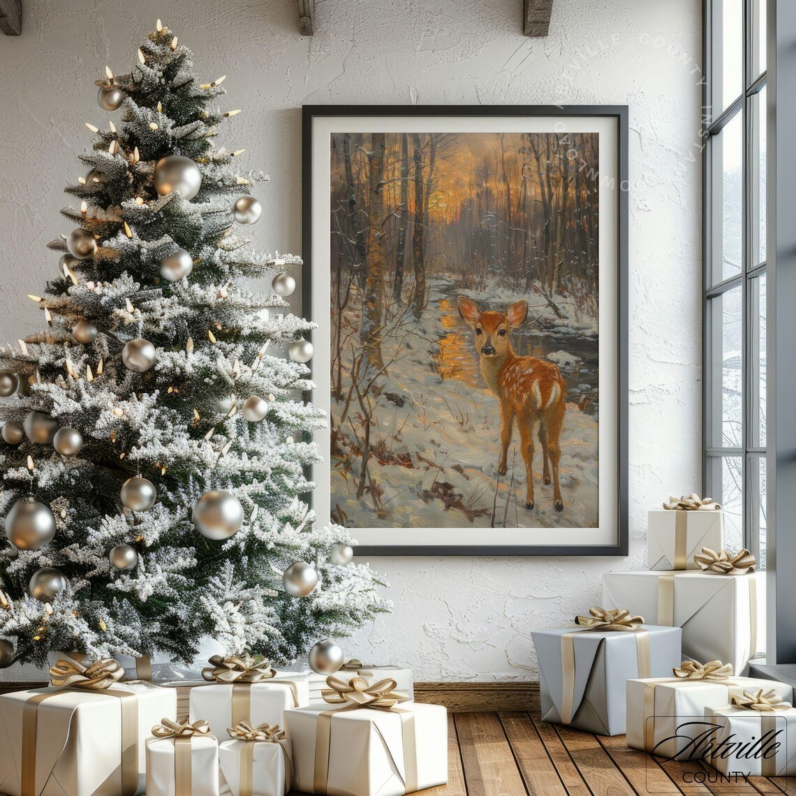 Deer Fawn Standing In Snowy Forest At Sunset Wildlife Wall Poster - Image 3