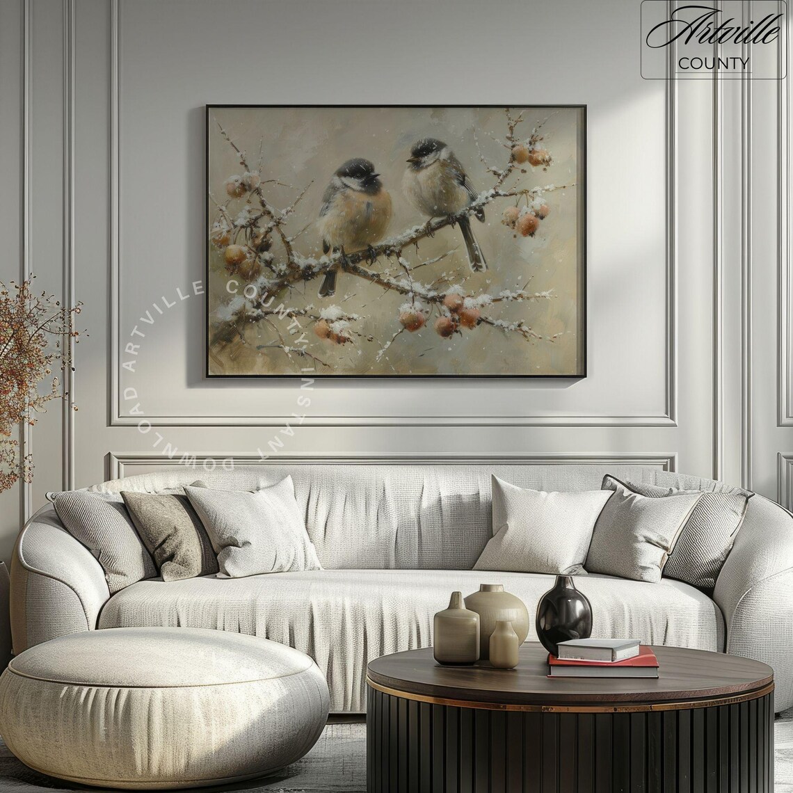 Birds Winter Vintage Oil Painting Christmas Wall Art - Image 3