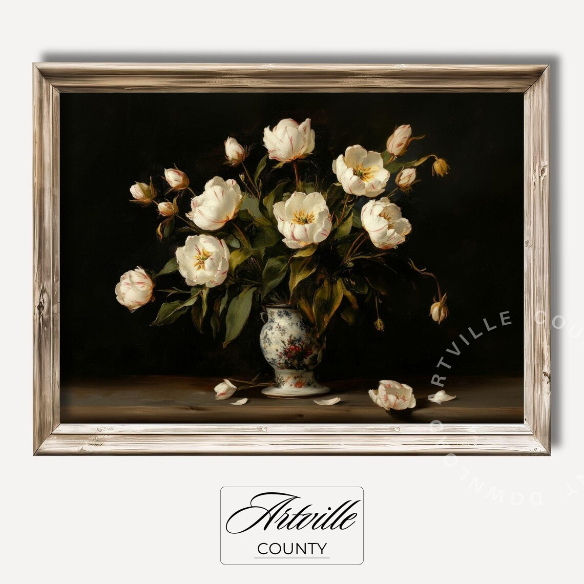 Moody White Tulips Dark Oil Painting Vintage Floral Vase Still Life Wall Print