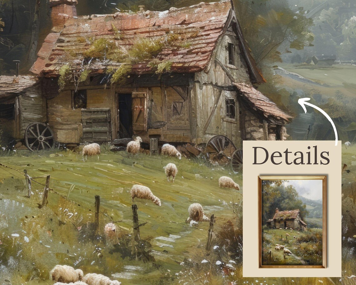 Vintage Cottage Landscape Sheep Grazing Field Art Print - Image 2