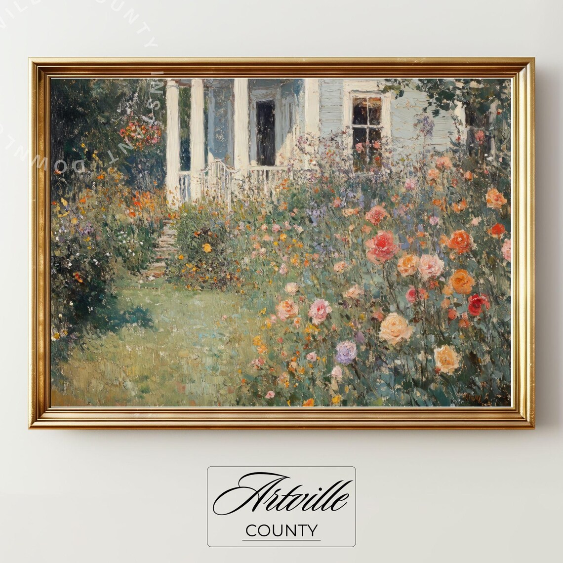 Vintage Cottage Garden Rose Bloom Porch Floral Painting Poster