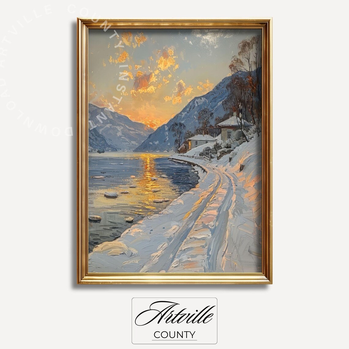 Snowy Mountain Lake Sunset Winter Shoreline Landscape Poster - Image 3