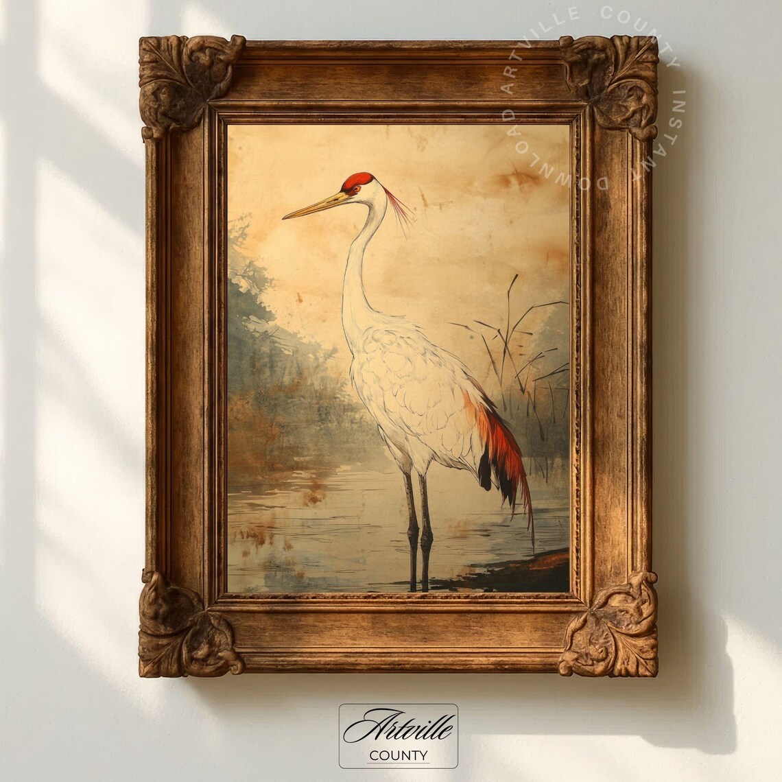 Vintage White Crane Wall Art Japanese Ink Bird Painting Elegant Red Crowned Crane