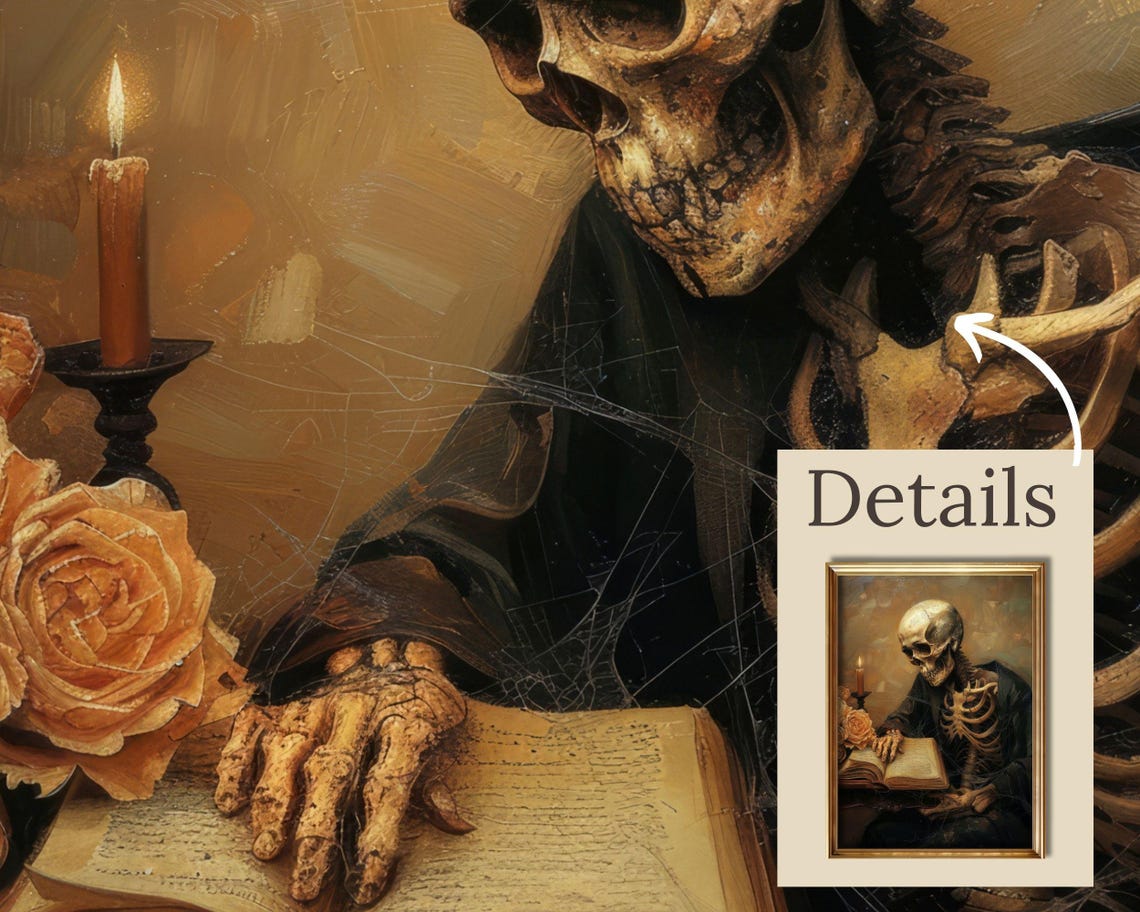 Skeleton Scholar Reading Candlelight Dark Academia Gothic Poster - Image 2