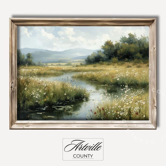 Spring Landscape Painting Vintage Wildflowers Art Print