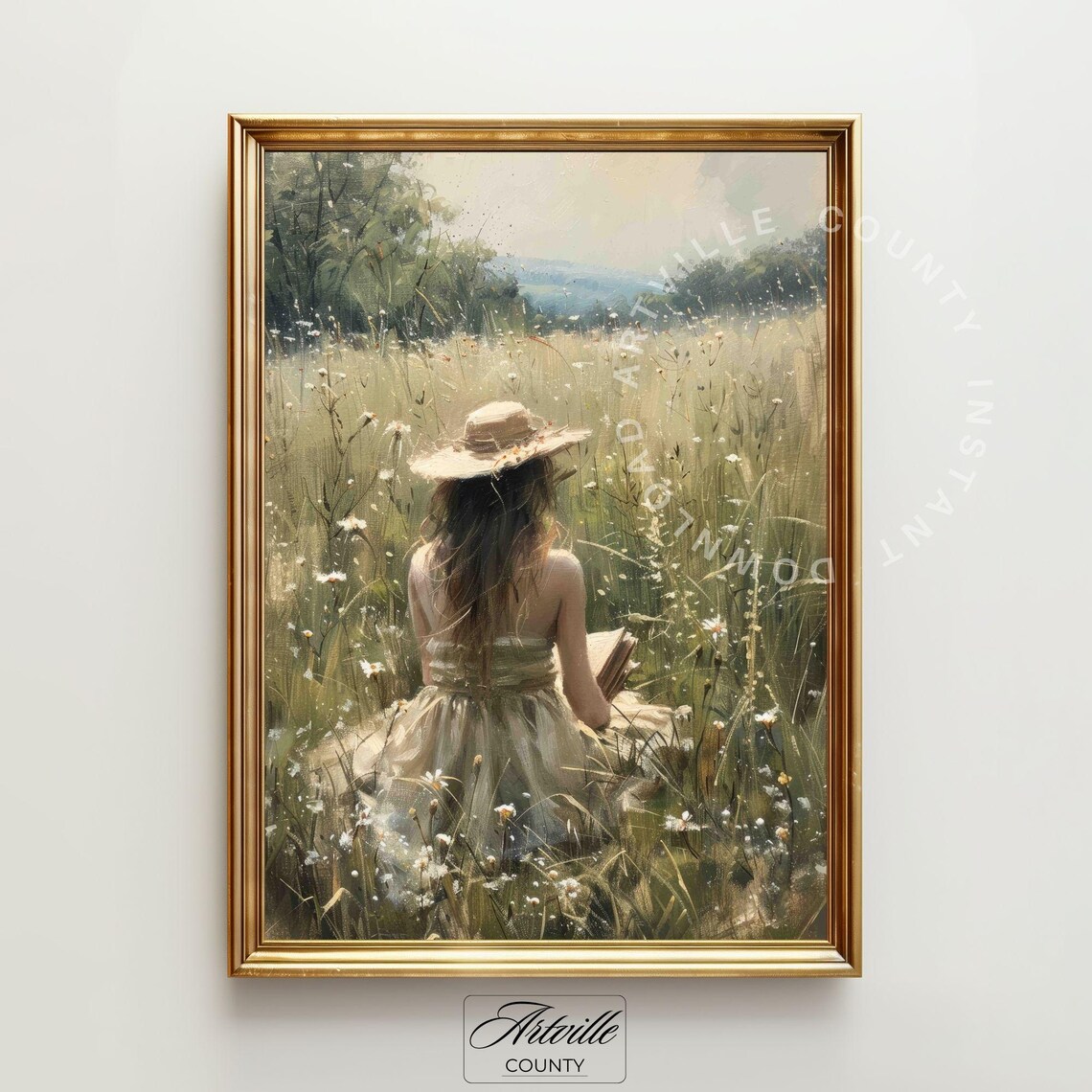 Girl Reading Landscape Painting, Vintage Autumn Field Art - Image 2