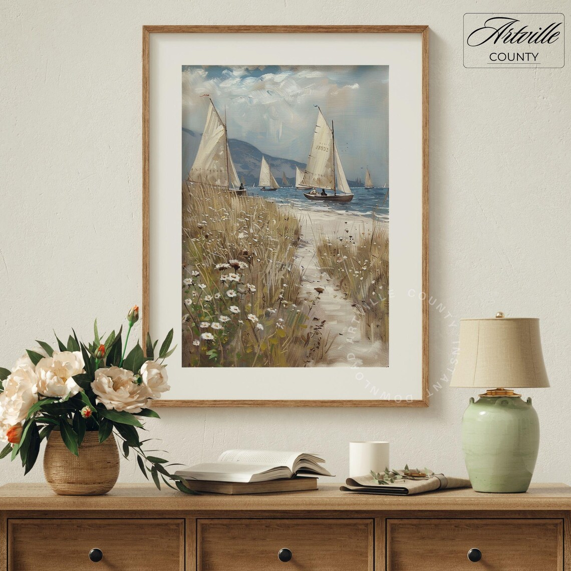 Classic Sailboats On The Shore With Beach Dunes Seascape Poster - Image 4