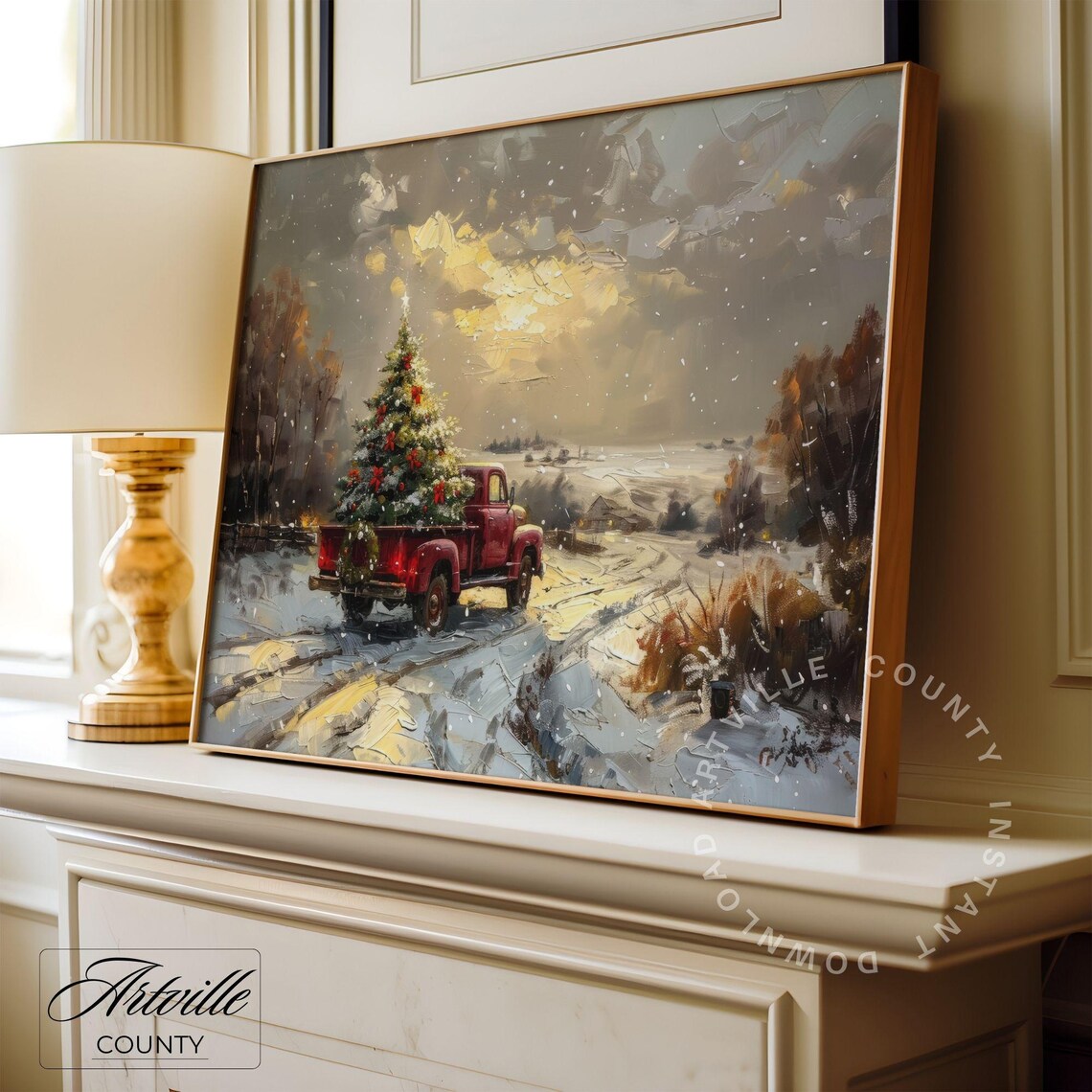 Red Vintage Truck Carrying Christmas Tree On Snowy Road Poster - Image 2