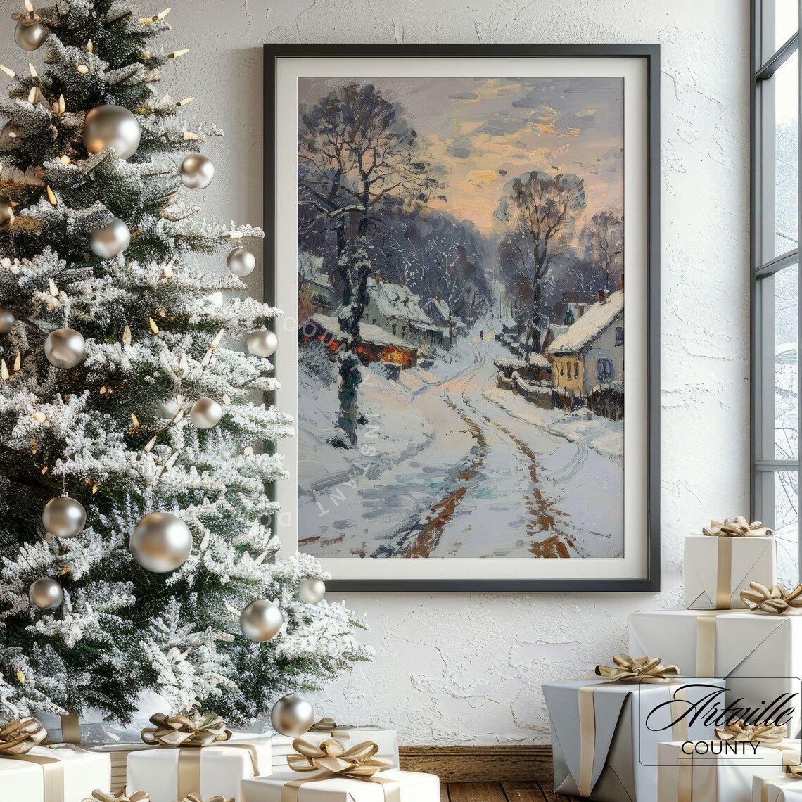 Snowy Village Street Winter Dusk Cottage Lights Oil Painting Poster - Image 5