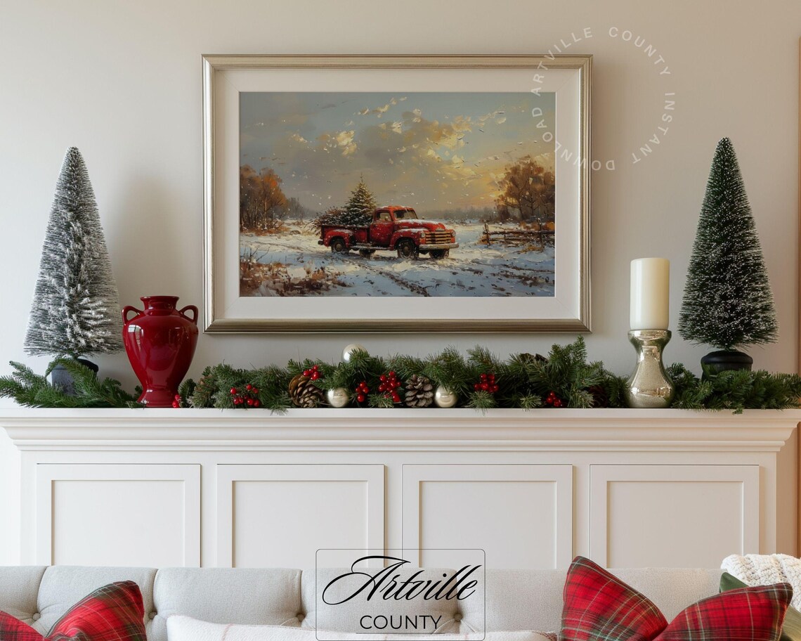 Red Vintage Pickup Truck Christmas Tree Snowy Sunset Farm Poster - Image 3