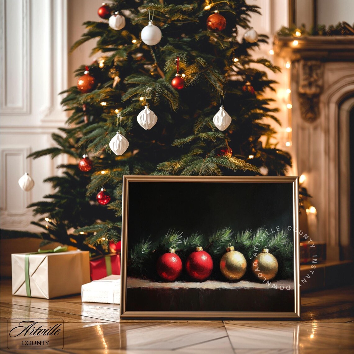 Moody Red and Gold Christmas Ornaments Dark Academia Art Poster