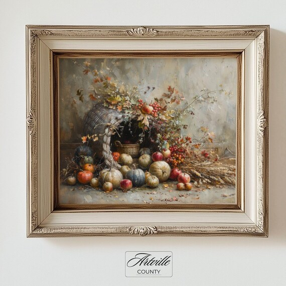 Fall Cornucopia Painting Vintage Autumn Harvest Print Thanksgiving Pumpkin Wall Art Country Decor