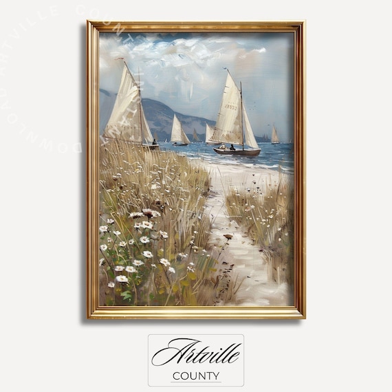 Classic Sailboats On The Shore With Beach Dunes Seascape Poster
