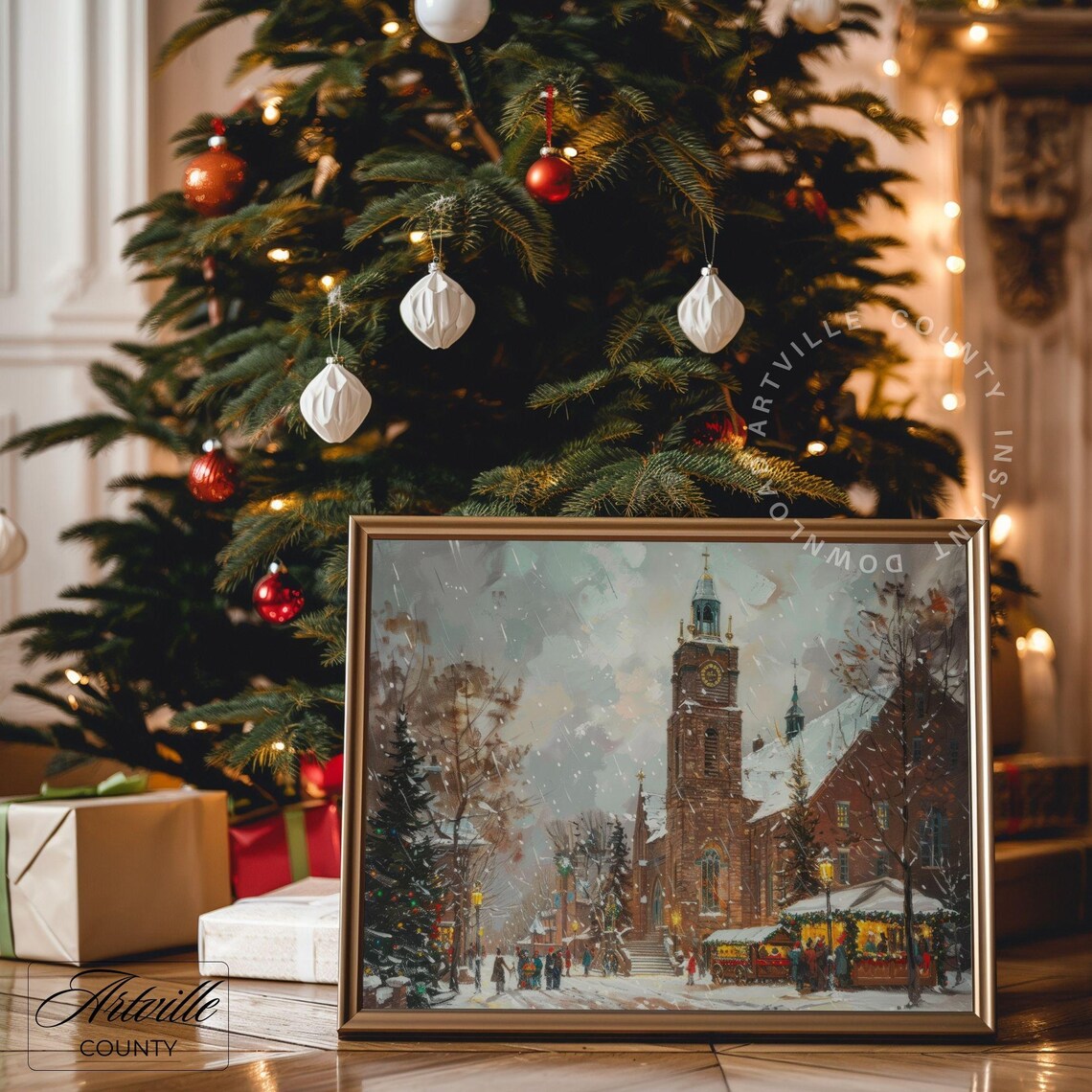 Snowy Christmas Market By The Church Night Scene Wall Poster - Image 3