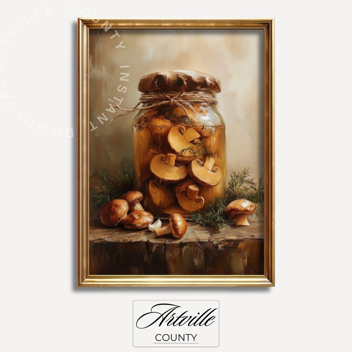 Porcini Mushrooms Jar Still Life Painting Vintage Kitchen Cottage Wall Art