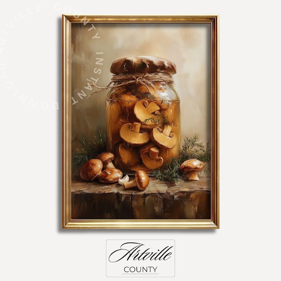 Porcini Mushrooms Jar Still Life Painting Vintage Kitchen Cottage Wall Art
