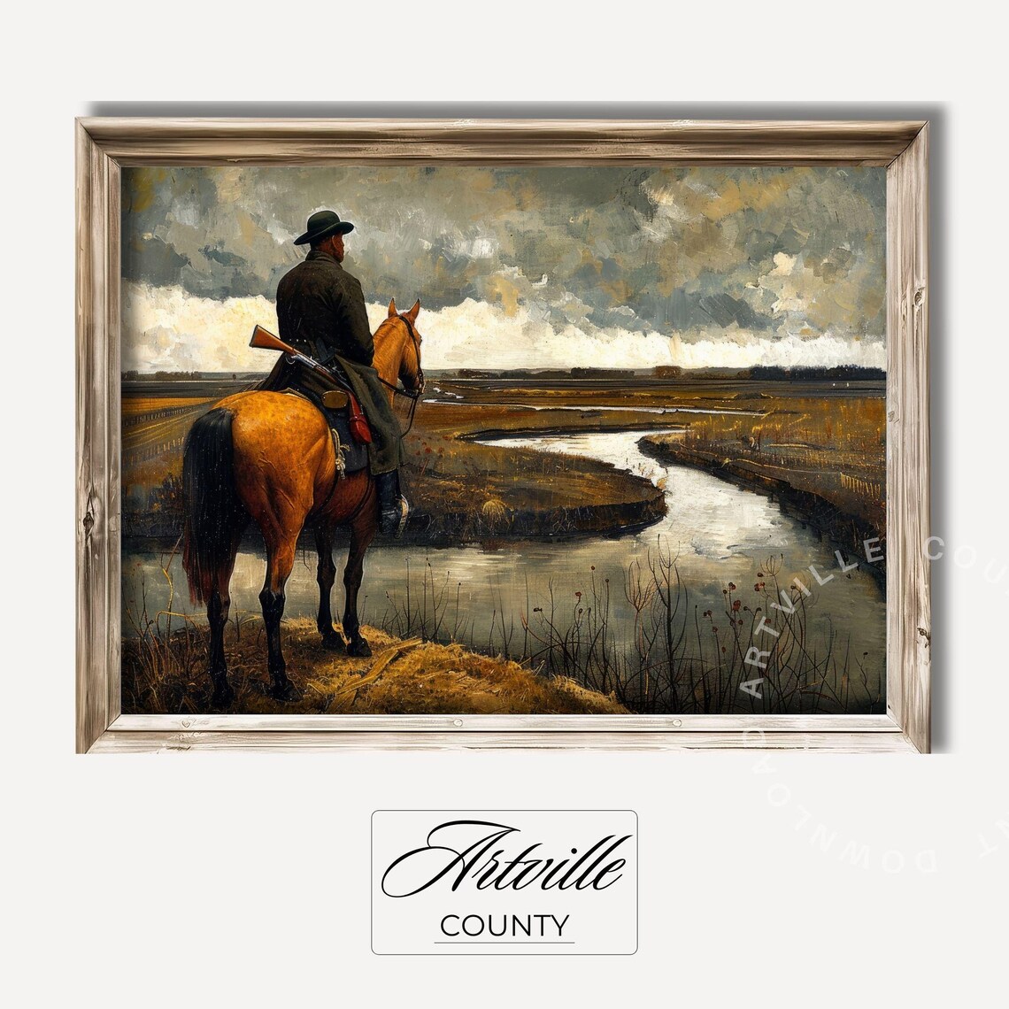 Horseman On Horseback Overlooking A Winding River Western Poster