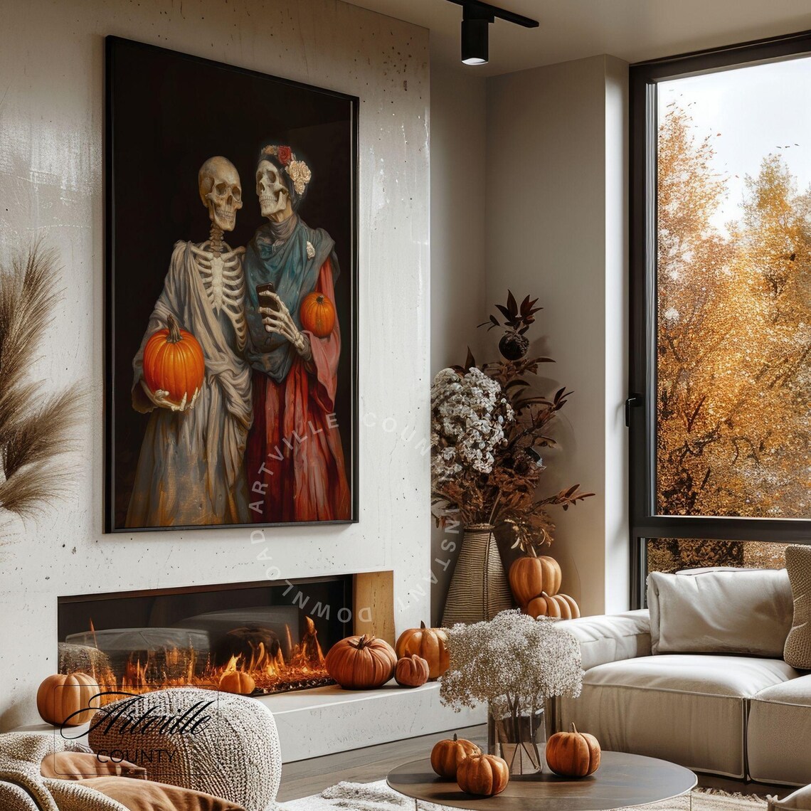 Skeleton Couple Selfie Pumpkins Halloween Funny Vintage Poster - Image 3