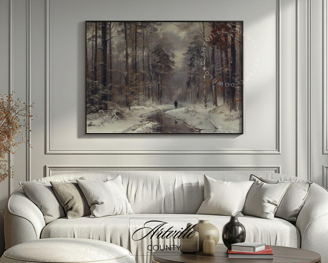 Snowy Winter Forest Path with Lone Walker Frozen Stream Poster - Image 4