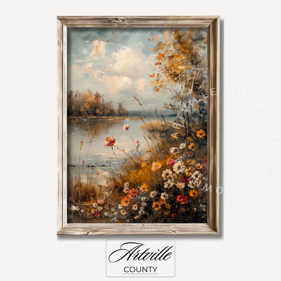 Coastal Fall Landscape Painting Vintage Wildflowers Print Rustic Decor Fall River Artwork Moody Coastal Wall Art
