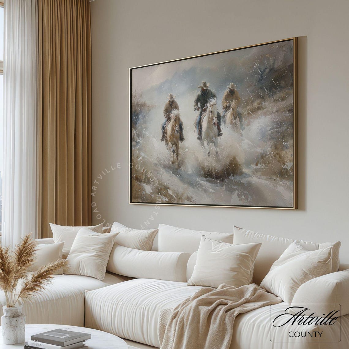 Three Cowboys Riding Horses Through A River Western Wall Poster - Image 2