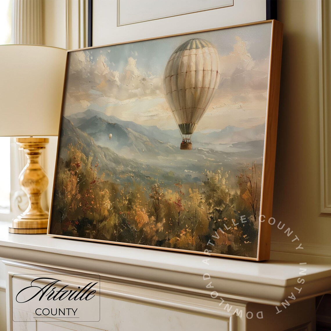 White Hot Air Balloon Drifting Over A Mountain Valley Scene Poster - Image 2