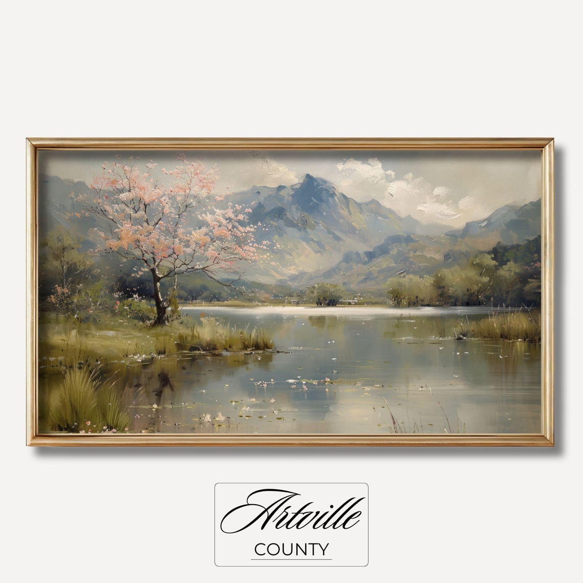 Cherry Blossom Tree by Mountain Lake Spring Landscape Poster