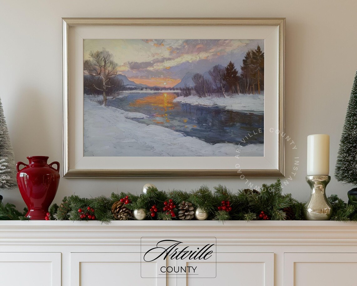 Winter Sunset Over Frozen River with Snowy Banks Landscape Poster - Image 5