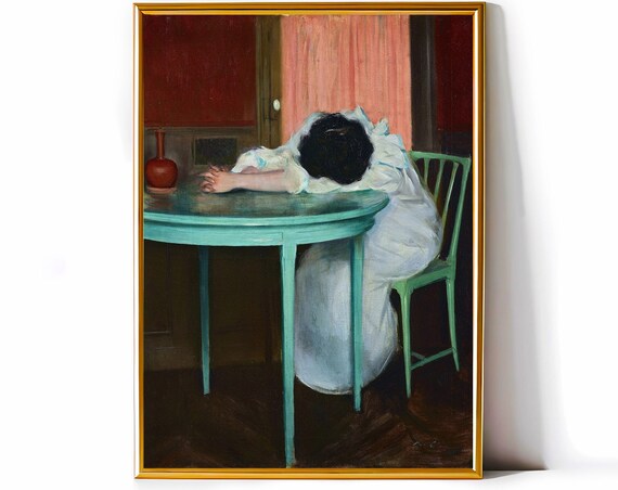 Tired Woman Resting at Table Vintage Classic Oil Painting Poster