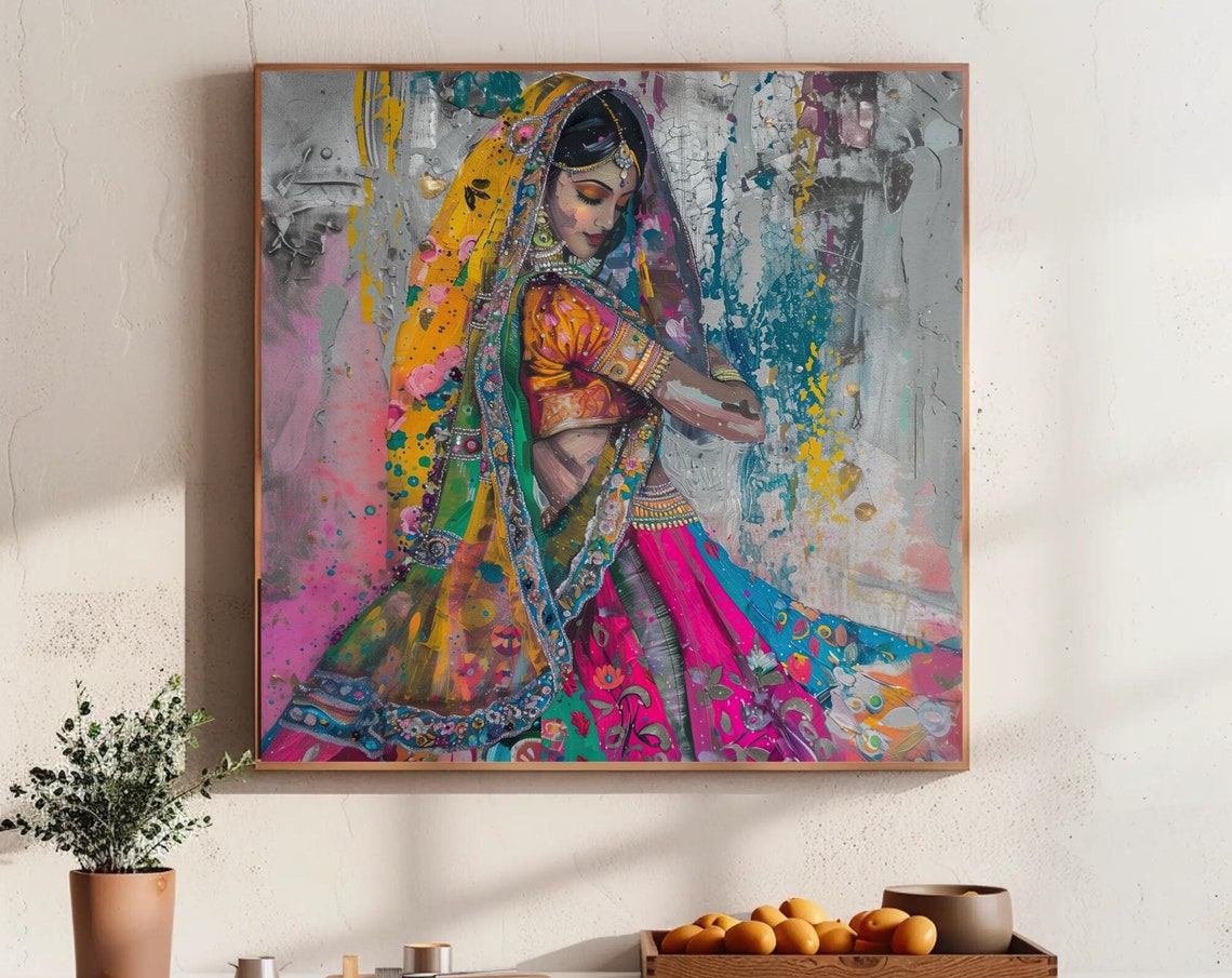 Indian Woman Vibrant Colorful Sari Expressive Square Abstract Poster