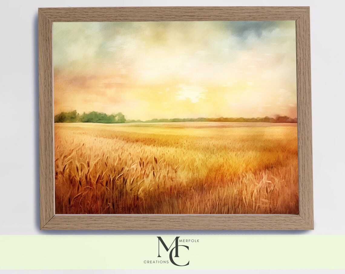 Golden Wheat Field at Sunset Watercolor Farm Landscape Poster