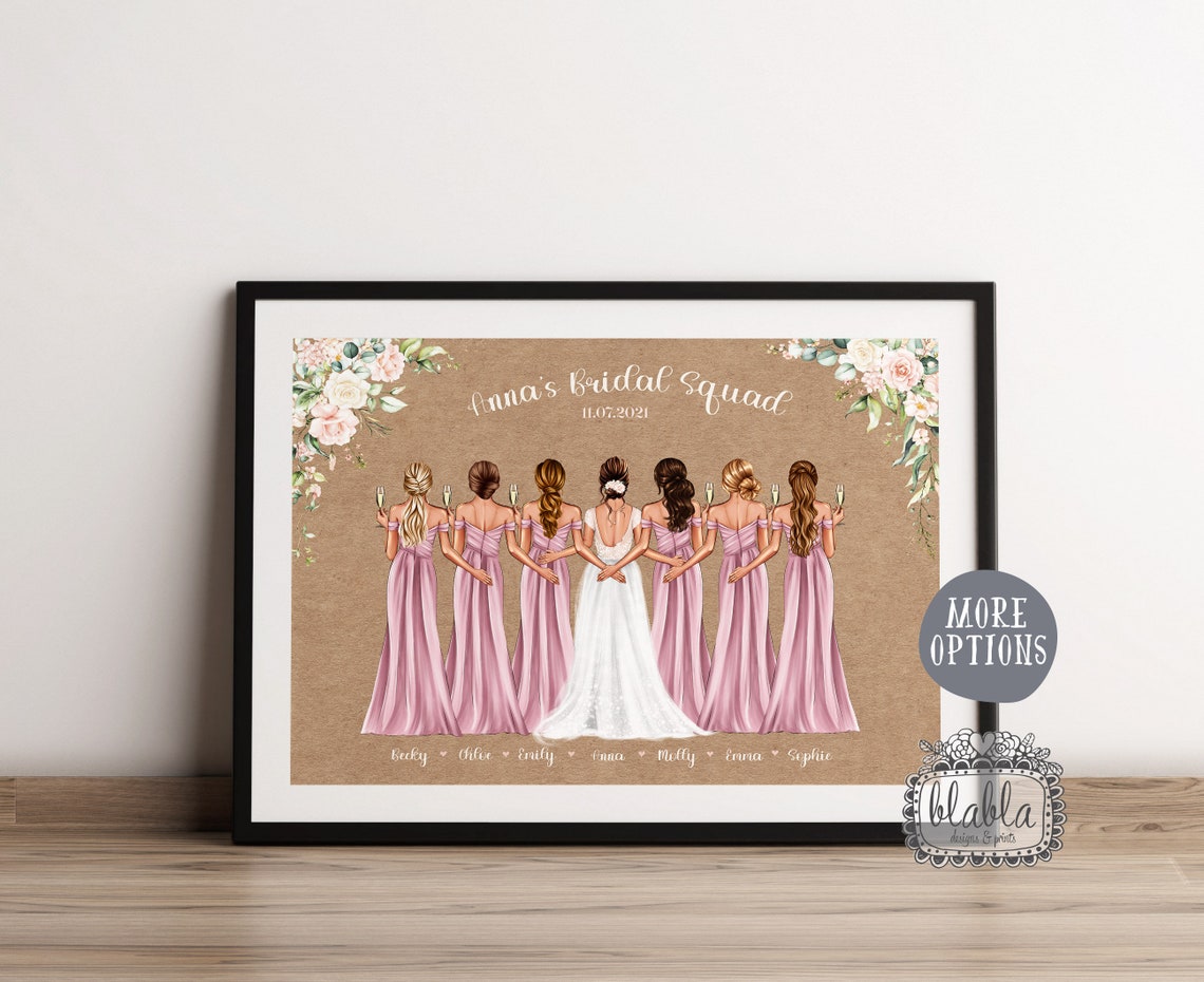 Personalised Bridal Squad Poster Six Bridesmaids in Sage Green Gowns - Image 2