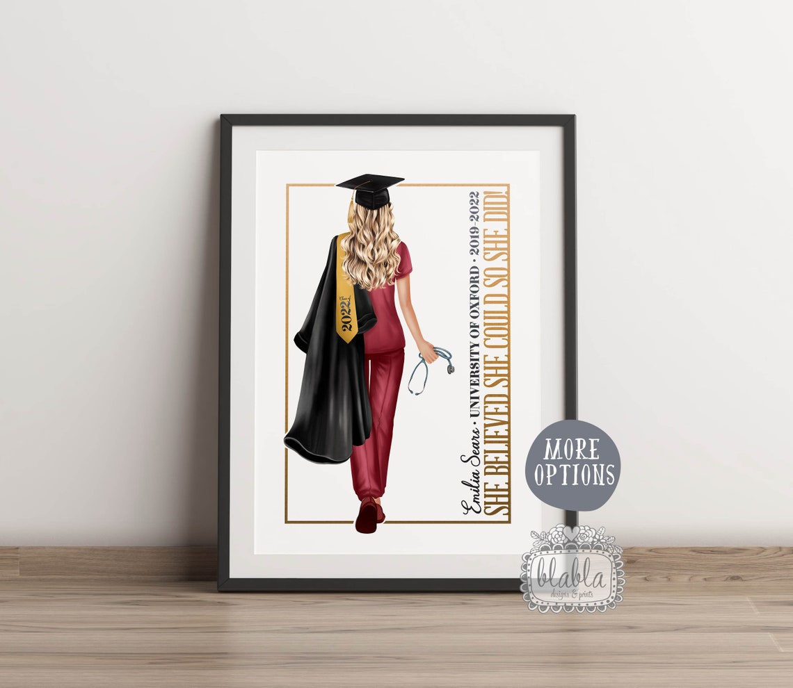 Personalised 2022 Nurse Graduation Poster in Blue Scrubs and Gown - Image 2