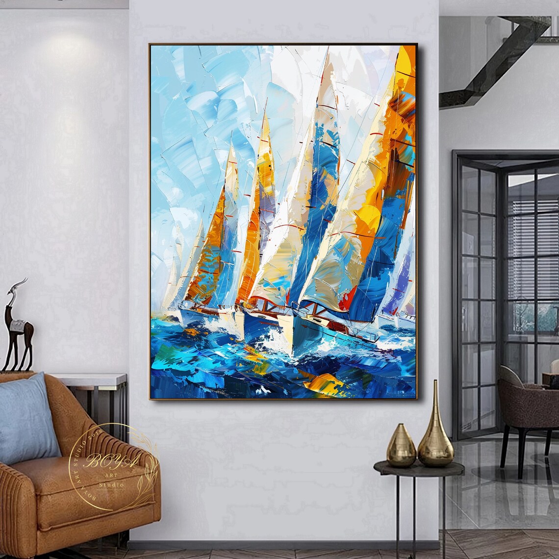 Sailboat Regatta in Orange and Blue Abstract Nautical Art Poster - Image 5