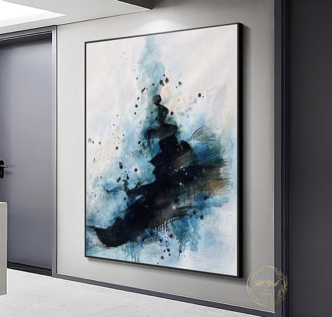 Black Ink Splash on Blue White Wash Abstract Painting Art Poster - Image 4