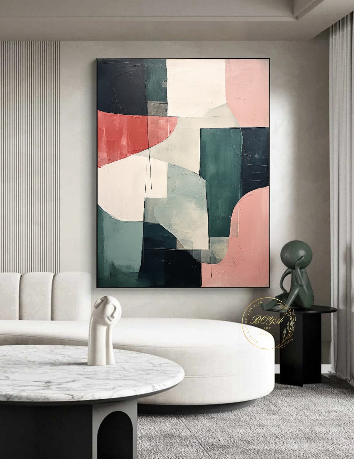 Original Emerald Green Painting Beige Abstract Painting Dark Green Wall Art Geometric Oil Painting Minimalist Wall Art Modern Pink Painting - Image 5