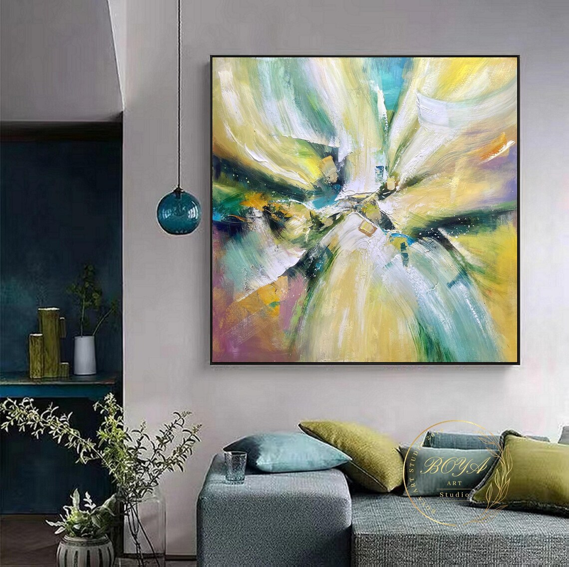 Radiant Yellow Green Flower Burst Expressive Abstract Art Poster - Image 4