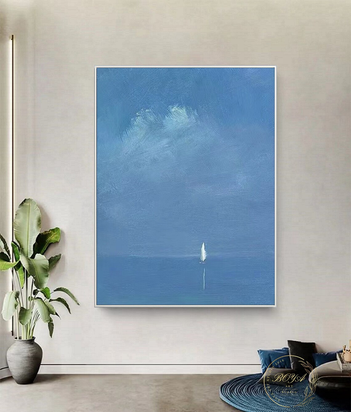 Minimalist Blue Seascape Sailboat Coastline Art Print - Image 2